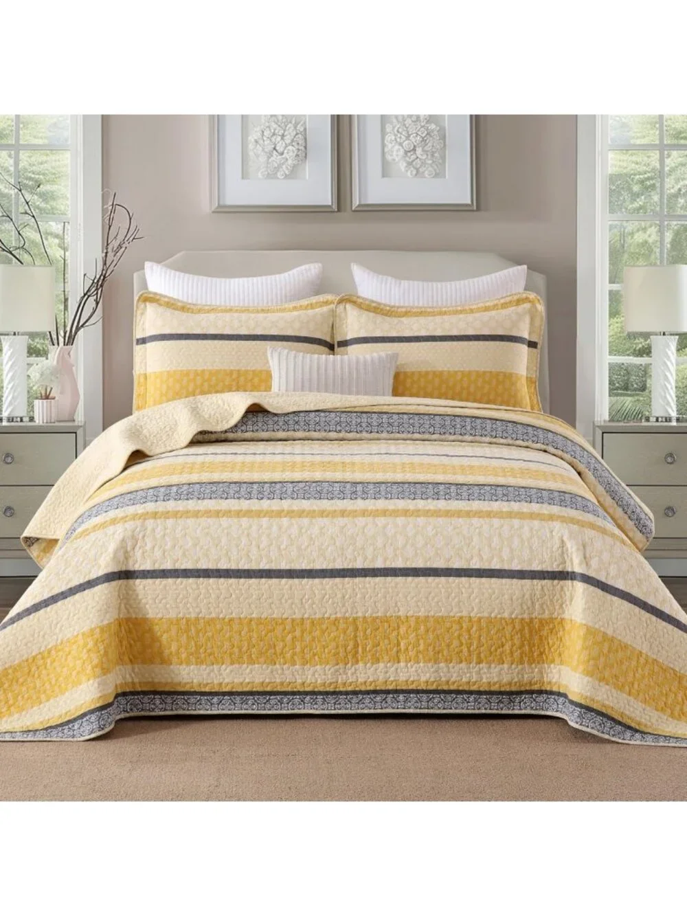 Lightweight Queen Quilt Bedding Set - Yellow Black Grey Striped Comforter, 3